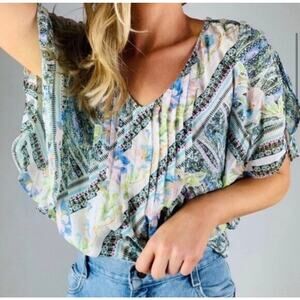 Anthropologie Maeve Maya Pintuck Flutter Sleeve Top Blouse Floral Blue Green 4